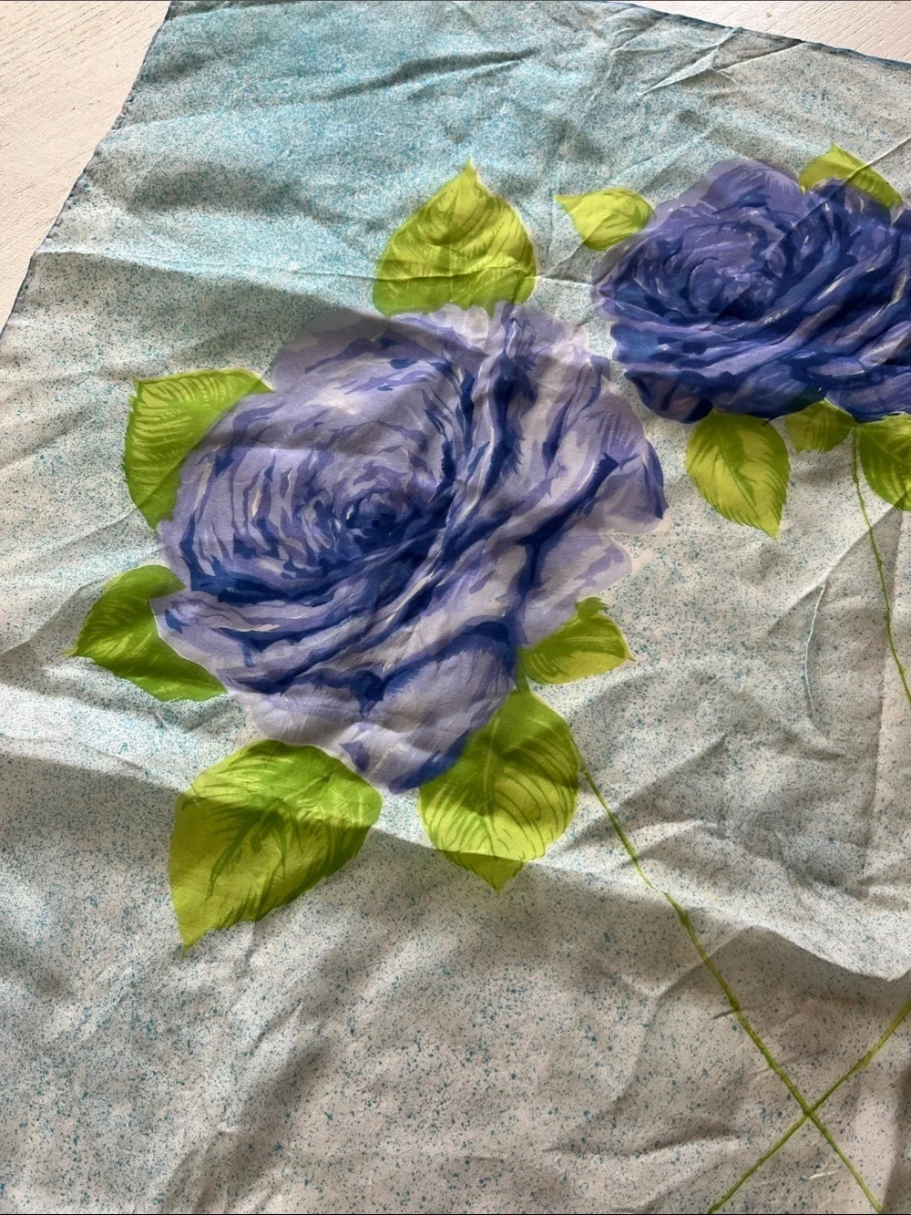 Vintage Floral Blue Rose Silk Scarf - Blue & Green
